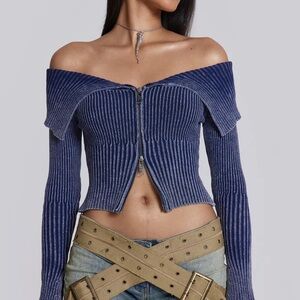 Jaded London Tribeca Blue Ribbed Off The Shoulder Knit